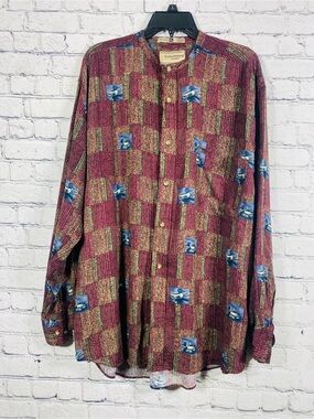 Evan Picone Sport XL Rayon Men’s‎ Bird Print Patchwork Button Front shirt